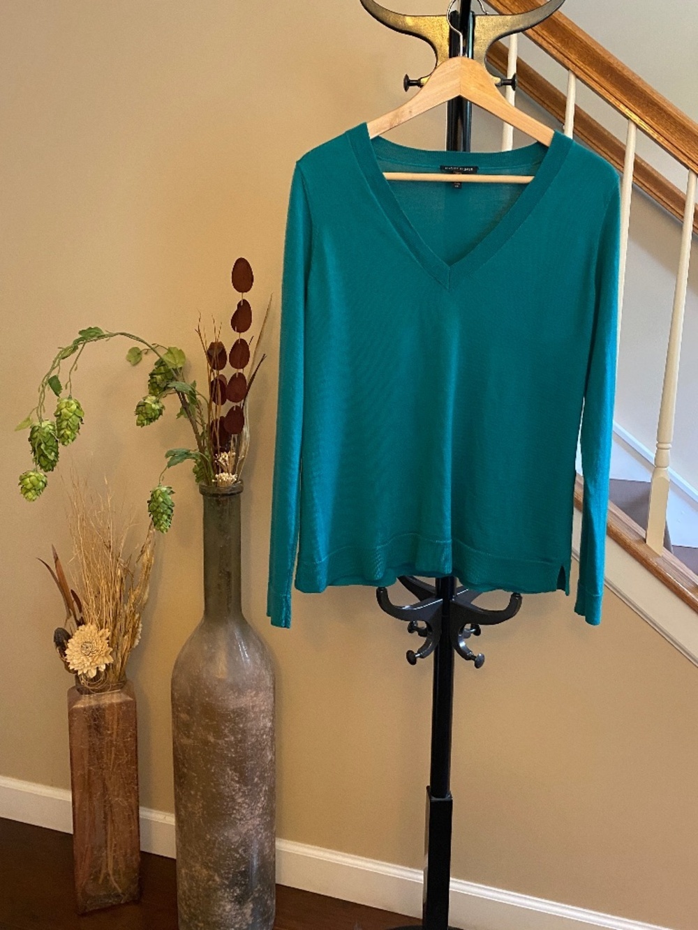 Eileen Fisher Italian Yarn Merino Wool V-Neck Sweater Teal Blue Size Small